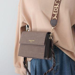 Faux Leather Croc Grain Lettering Strap Crossbody Bag