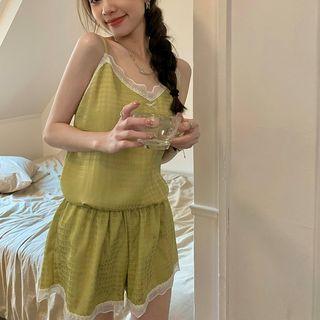 Set: Lace Trim Camisole Top + Shorts Set Of 2 - Camisole Top & Shorts - Greenish Yellow - One Size