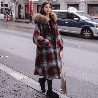 Furry Trim Hooded Plaid Buttoned Coat
