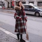 Furry Trim Hooded Plaid Buttoned Coat