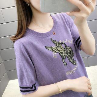 Short-sleeve Monster Applique Sweater