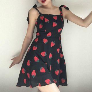 Tie-shoulder Strawberry Print A-line Dress