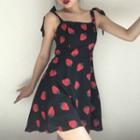 Tie-shoulder Strawberry Print A-line Dress