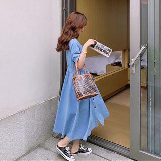 Short-sleeve Button-up Midi A-line Denim Dress