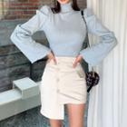Set: Bell-sleeve Turtleneck Knit Top + Asymmetrical Mini Pencil Skirt