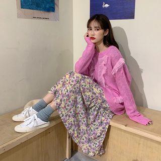 Oversize Sweater / Flower Print Long-sleeve Midi Shift Dress