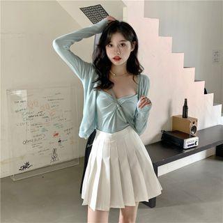 Plain Long-sleeve Cardigan / Ruched Small Suspender / Plain Accordion Pleat Skirt