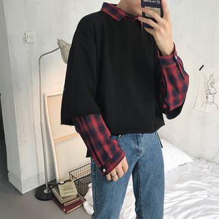 Inset Gingham Shirt Long-sleeve Sweater