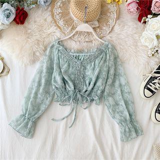 Long-sleeve Lace-panel Floral-pattern Top
