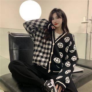 Smiley Gingham V-neck Cardigan Black & White - One Size