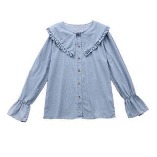 Ruffle Trim Denim Long-sleeve Blouse