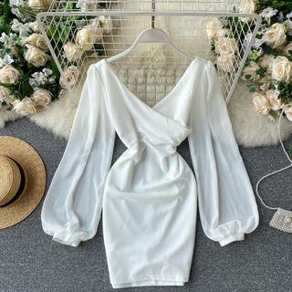 V-neck Long-sleeve Lantern-sleeve Dress