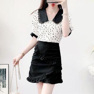 Set: Dotted Collared Short-sleeve Blouse + Ruffled Mini Pencil Skirt