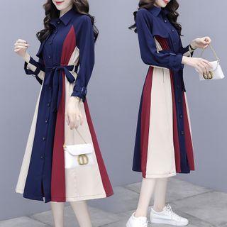Color Block Long-sleeve Midi Shirtdress