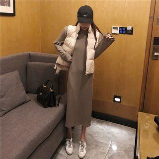 Padded Vest / Long-sleeve Split Hem Midi Sheath Dress