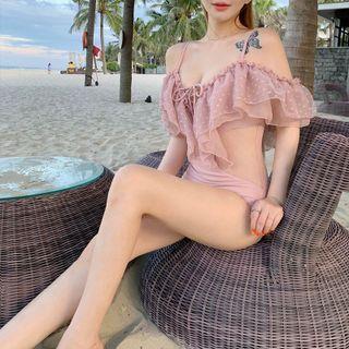 Cold-shoulder Dotted Ruffle Swimsuit