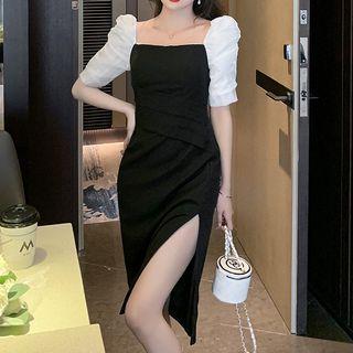 Mock Two-piece Puff-sleeve Shirred Slit A-line Dress