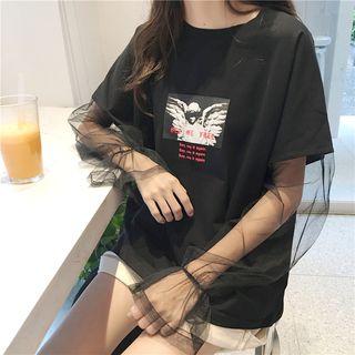Mesh Panel Print Long-sleeve T-shirt