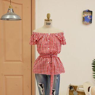 Off-shoulder Belted Gingham Blouse