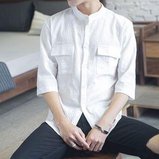 Pocketed Band Collar Elbow Sleeve Shirt