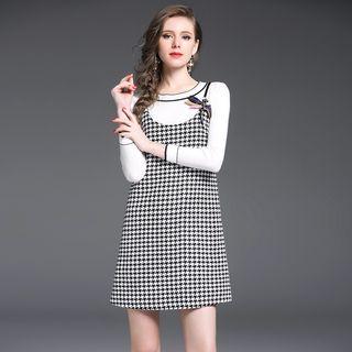 Set: Long-sleeve Top + Plaid Spaghetti Strap Dress