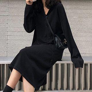 Button Detail Long-sleeve Midi T-shirt Dress