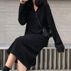 Button Detail Long-sleeve Midi T-shirt Dress