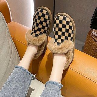 Fluffy Trim Checkered Ankle Boots