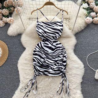 Suspender Open-back Print Drawstring Dress