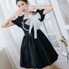 Puff Sleeve Square Neck Bow Accent Beaded Chain A-line Dress