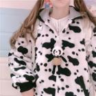 Hooded Cow Print Zip Jacket Pink - One Size