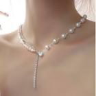 Freshwater Pearl Rhinestone Alloy Choker Love Heart Pearl Necklace - White - One Size