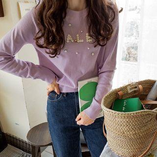 Faux-pearl Trim Flower-sequin Knit Top