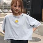 Smiley Face Applique Elbow Sleeve Ripped T-shirt