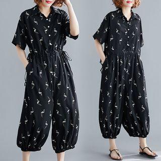 Printed Cropped Short-sleeve Jumpsuit As Shown In Figure - One Size
