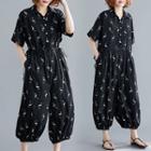 Printed Cropped Short-sleeve Jumpsuit As Shown In Figure - One Size