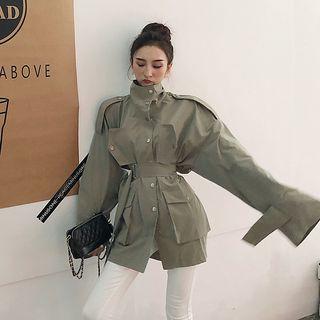 Long-sleeve Tie-waist Button Jacket Army Green - One Size