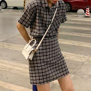 Set: Gingham Short-sleeve Shirt + Skirt