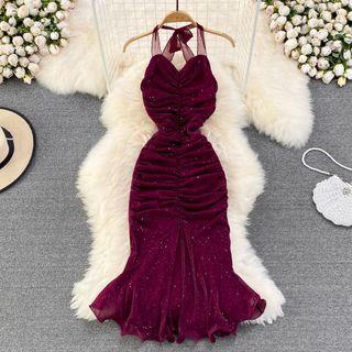Ruched Glitter Halter Sheath Dress