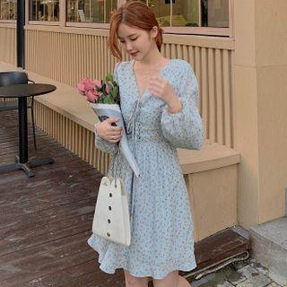 V-neck Drawstring Floral Print A-line Dress