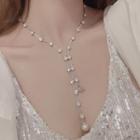 Faux Pearl Rhinestone Y Necklace Silver - One Size
