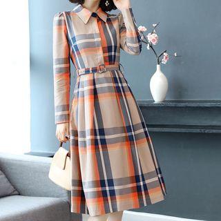 Long-sleeve Plaid Midi A-line Collared Dress