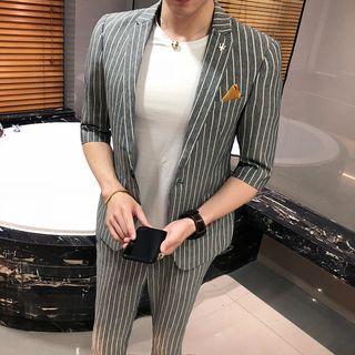 Set: 3/4-sleeve Single Button Blazer + Cropped Pants