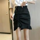 Drawstring Ruffle Hem Mini Pencil Skirt