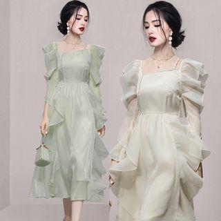 Square Neck Ruffle Trim Midi A-line Dress