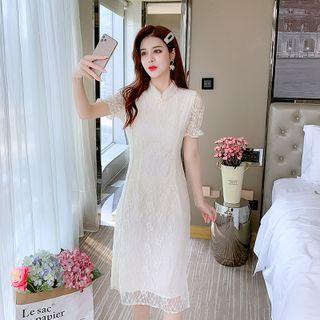 Puff-sleeve Lace Plain Sheath Dress