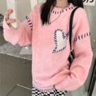 Contrast Stitching Heart Print Sweater Pink - One Size