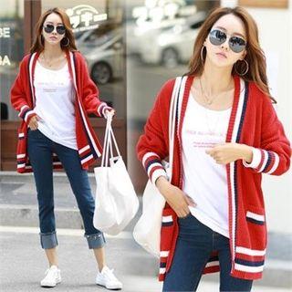 Contrast-trim Rib-knit Cardigan Red - One Size