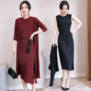 Set: Open Front Long Cardigan + Sleeveless Midi Sheath Dress