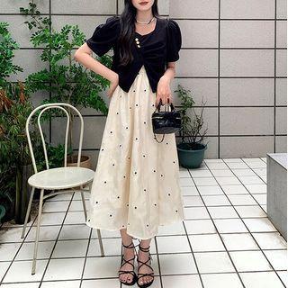 Spaghetti Strap Star Embroidered Midi A-line Dress / Short-sleeve Front-slit T-shirt